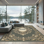 Ornate Golden Floral Scrollwork Frame Rug