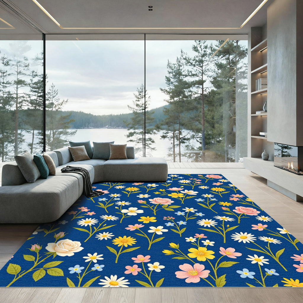 Whimsical Yellow Pink Daisy Rose Garden Rug