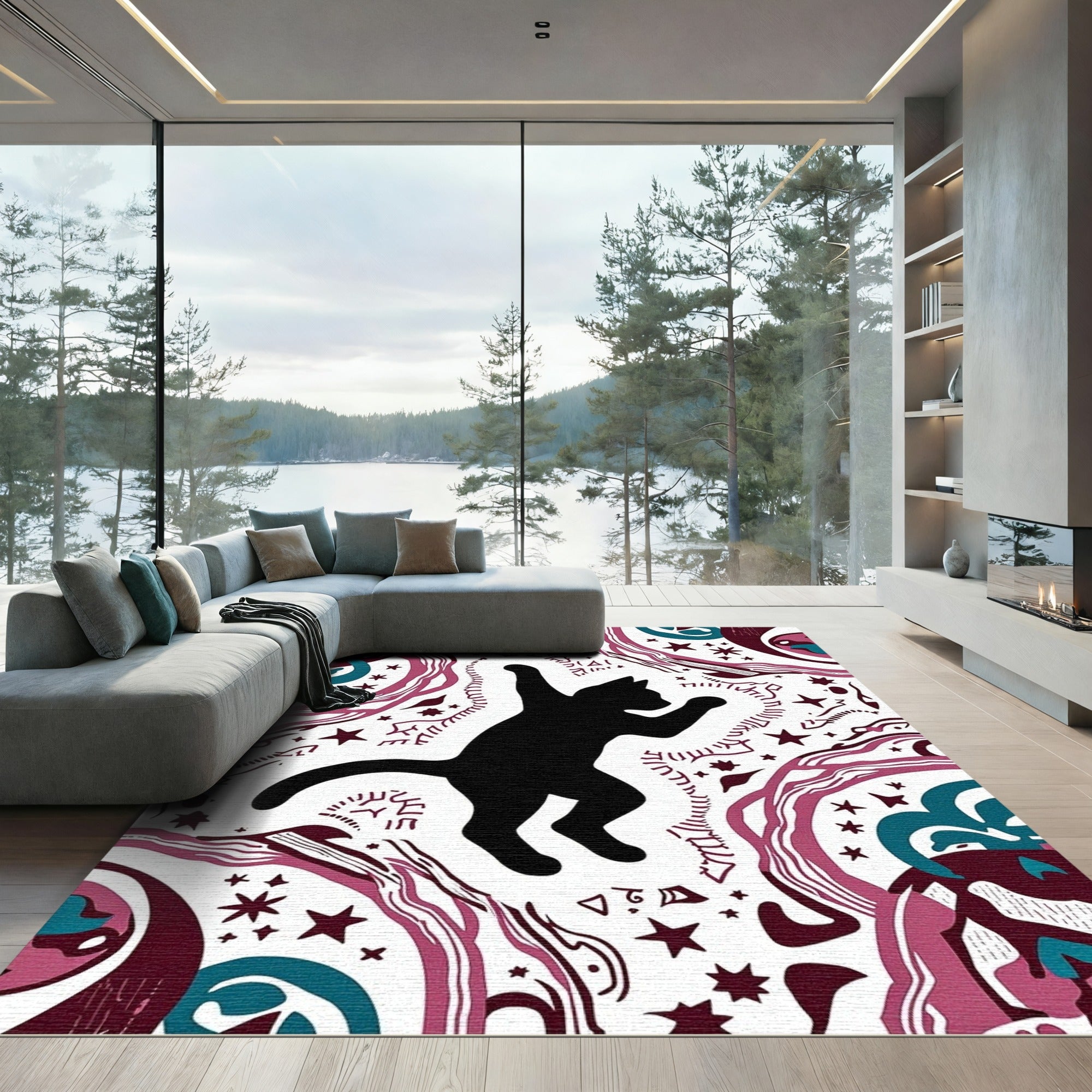 Whimsical Black Cat Starry Night Rug