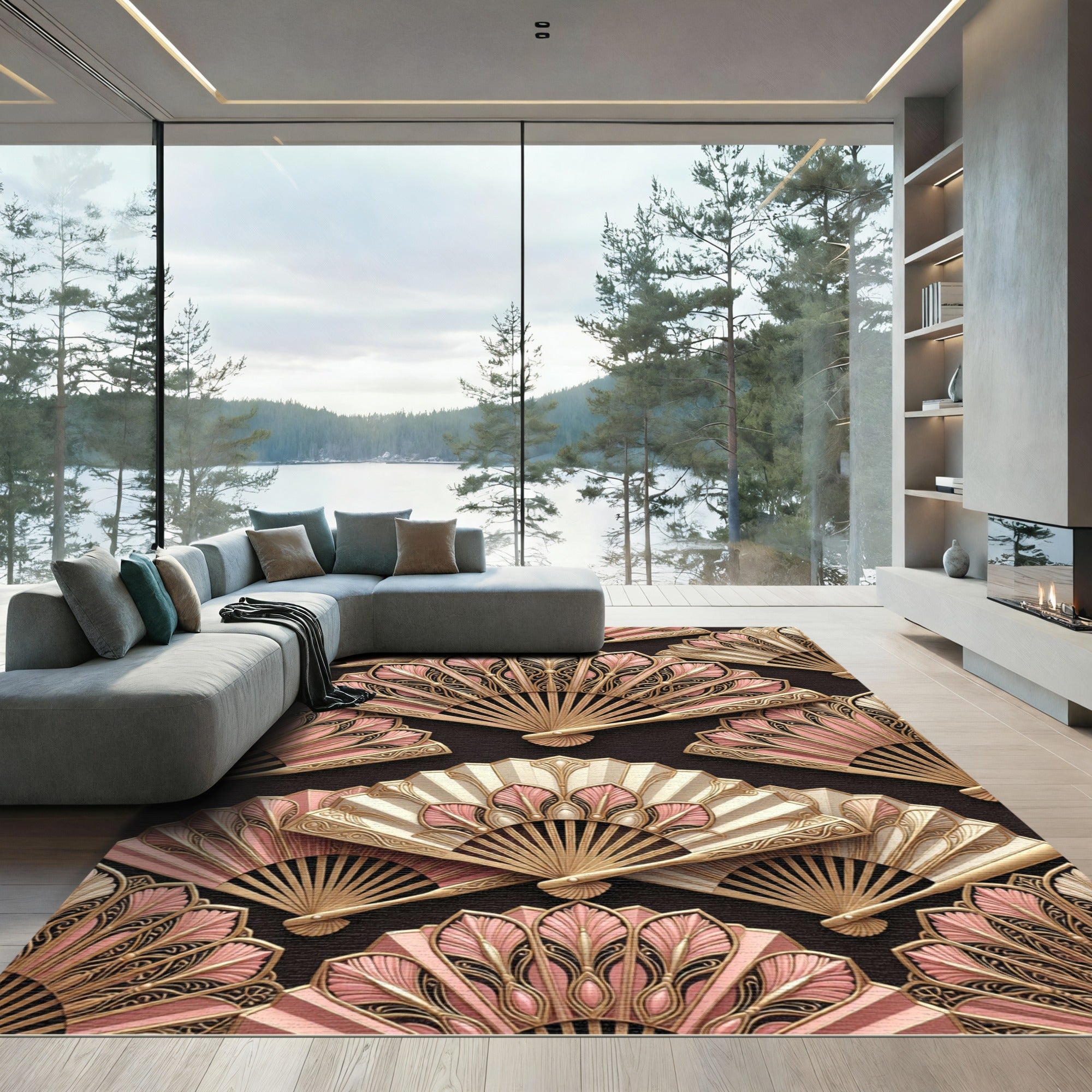 Ornate Pink Gold Fan Arrangement Rug