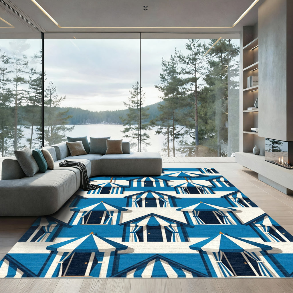 Coastal Blue White Beach House Cabana Rug