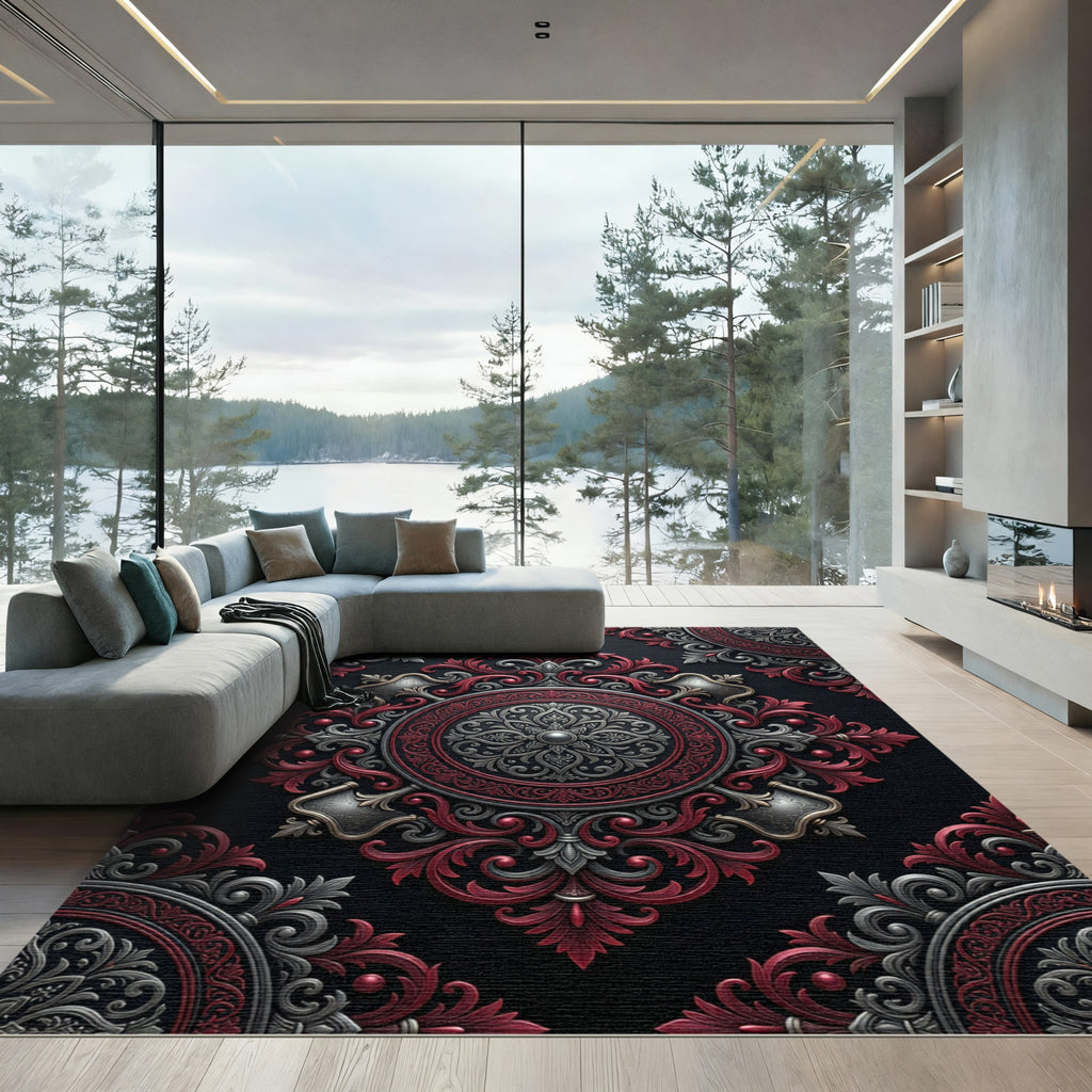 Elegant Crimson Black Baroque Medallion Rug