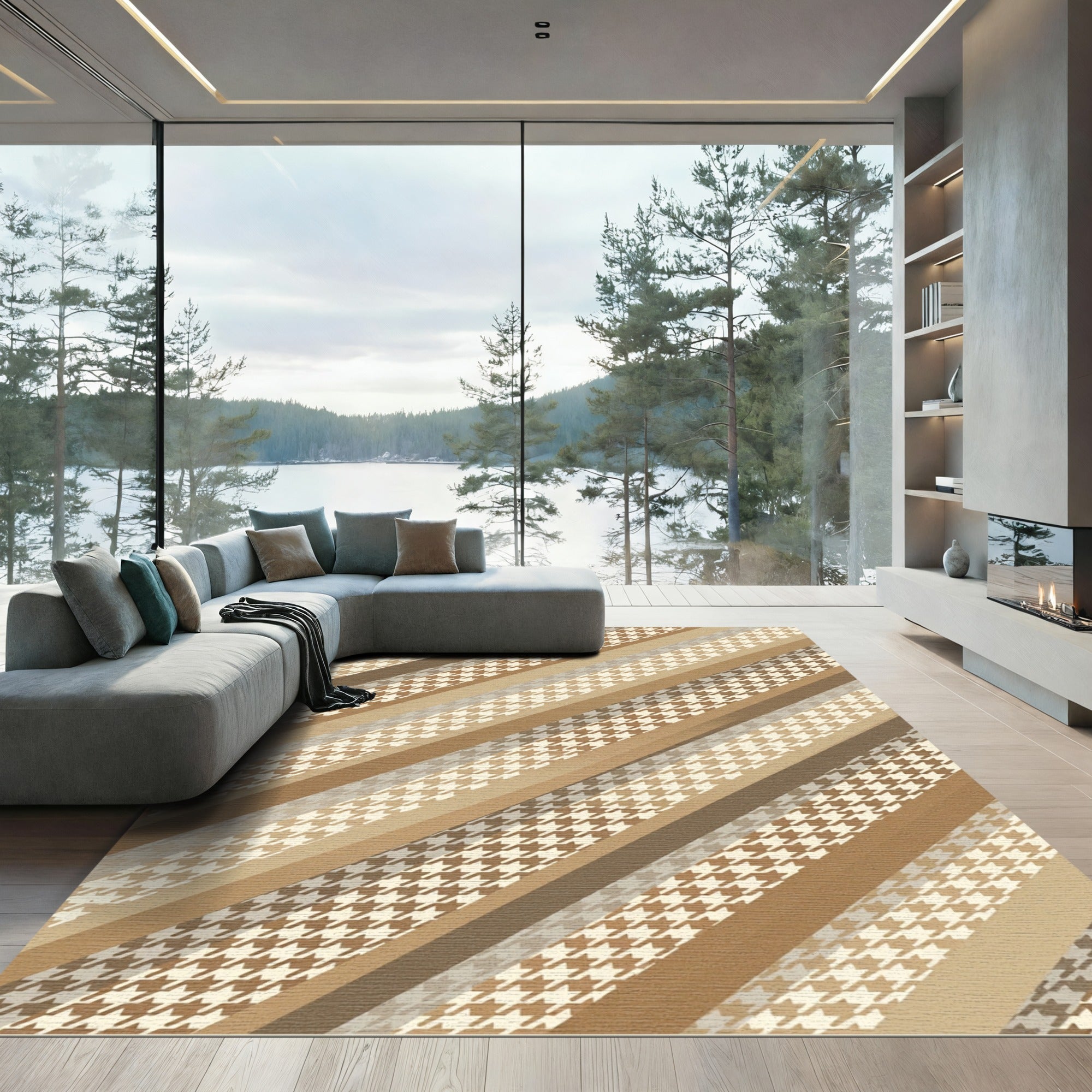 Classic Houndstooth Striped Earth Tones Rug