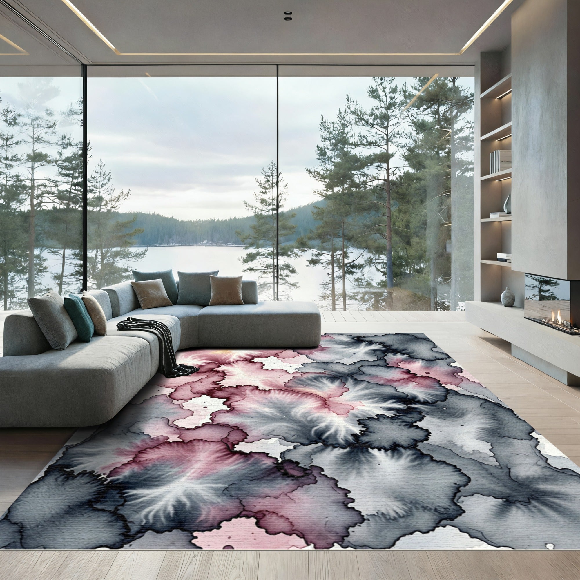 Crimson Gray Ink Wash Bloom Rug