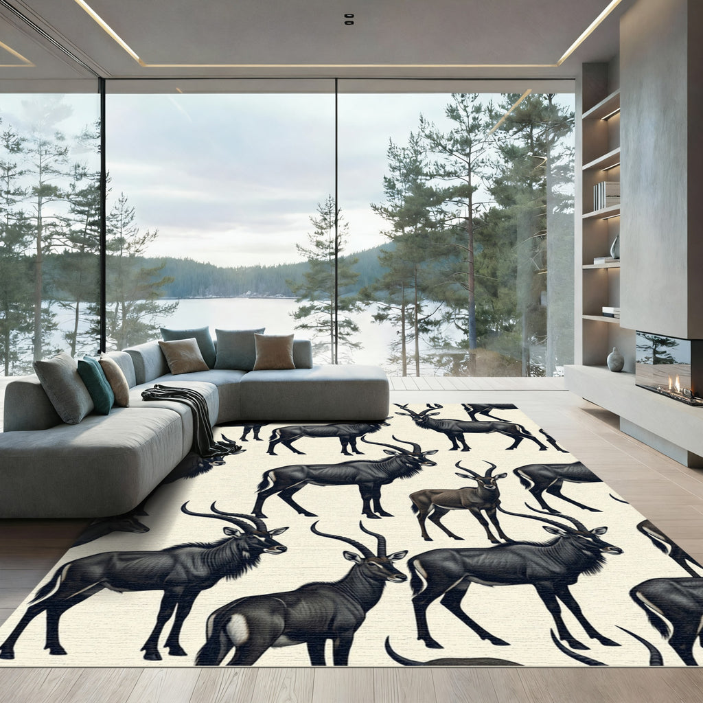 Elegant Black Antelope Wildlife Illustration Rug