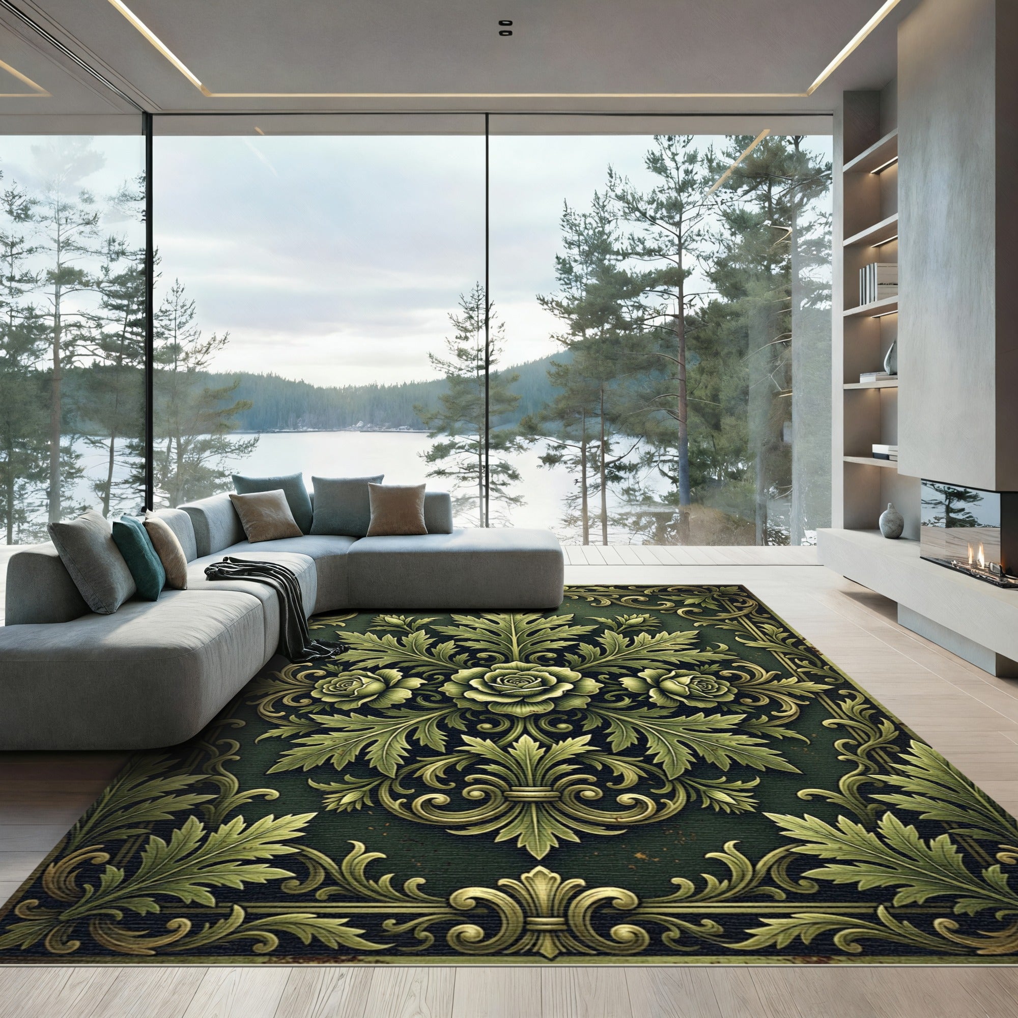Elegant Emerald Rose Baroque Foliage Rug