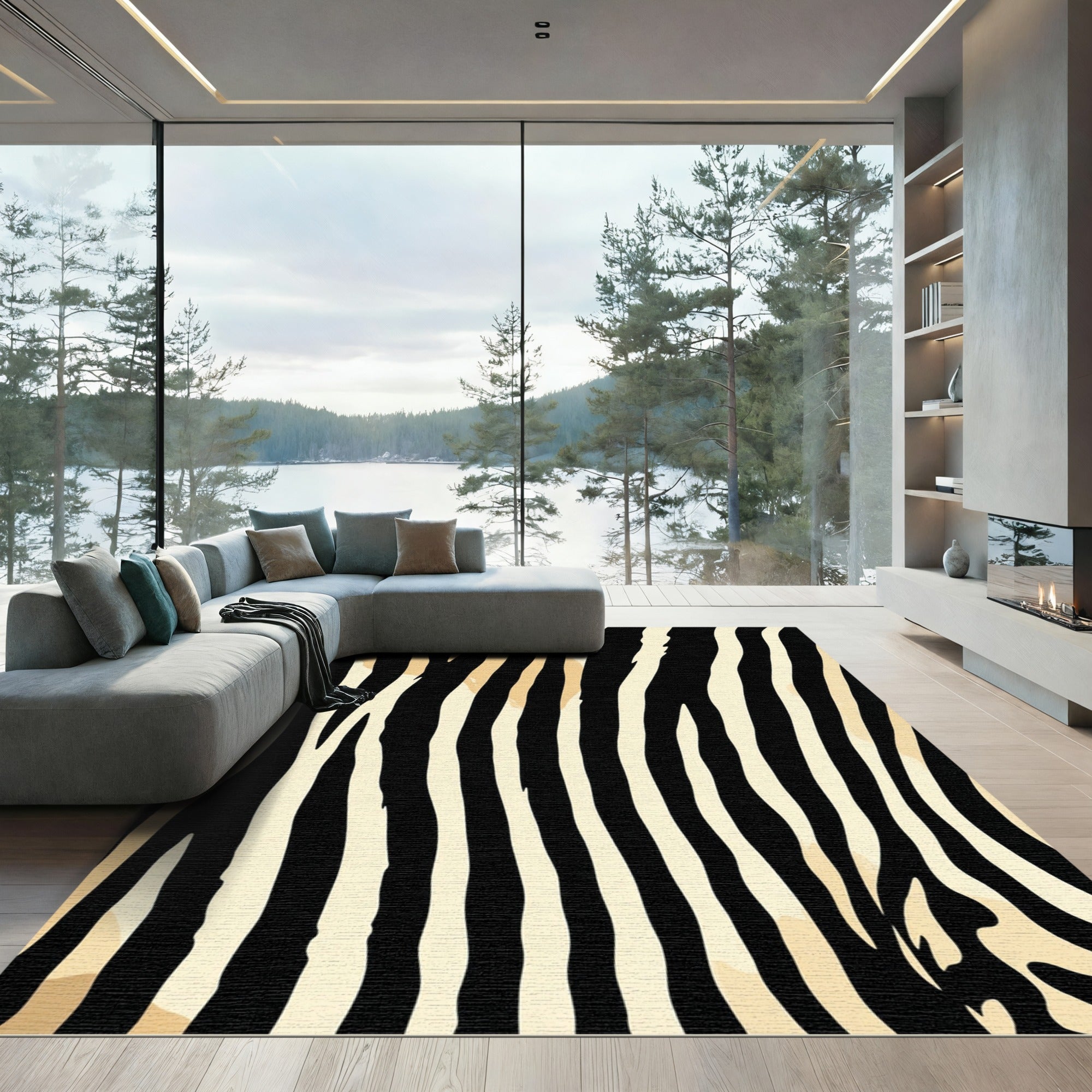 Black Cream Striped Animal PrintRug Rug