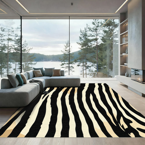 Black Cream Striped Animal PrintRug Rug