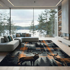Midnight Elk Forest Orange Plaid Rug