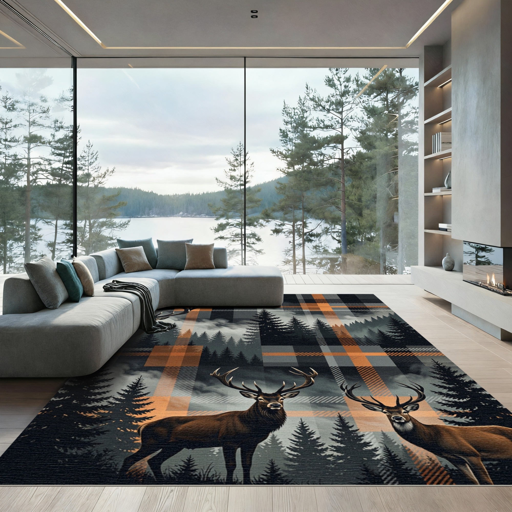 Midnight Elk Forest Orange Plaid Rug