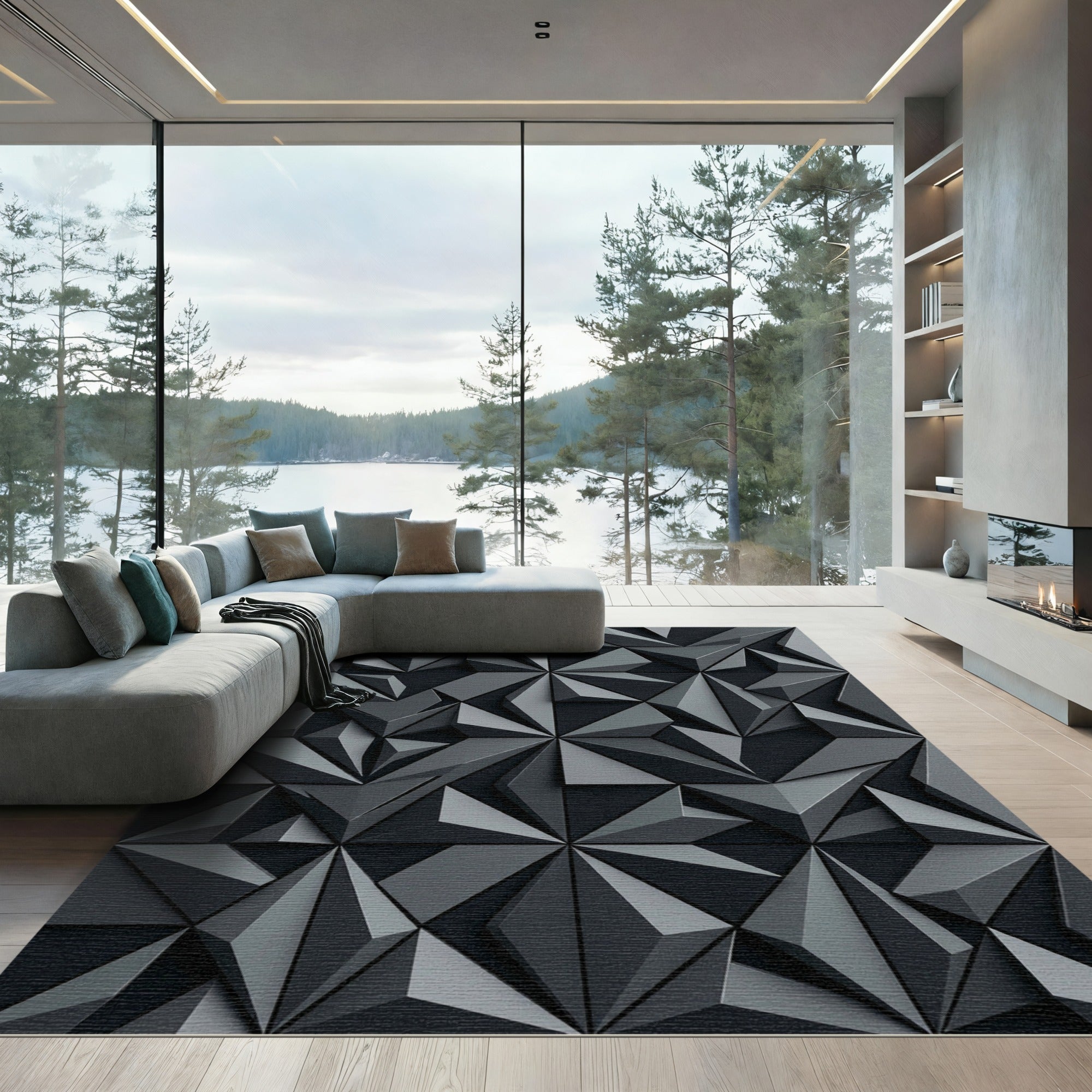 Charcoal Gray Geometric Facet Rug