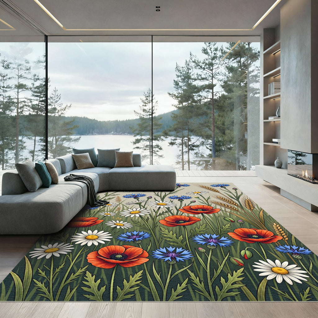Red Poppy Blue Cornflower Daisy Meadow Rug