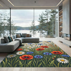 Red Poppy Blue Cornflower Daisy Meadow Rug