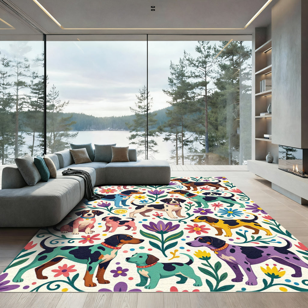 Whimsical Colorful Hound and Floral Meadow Rug