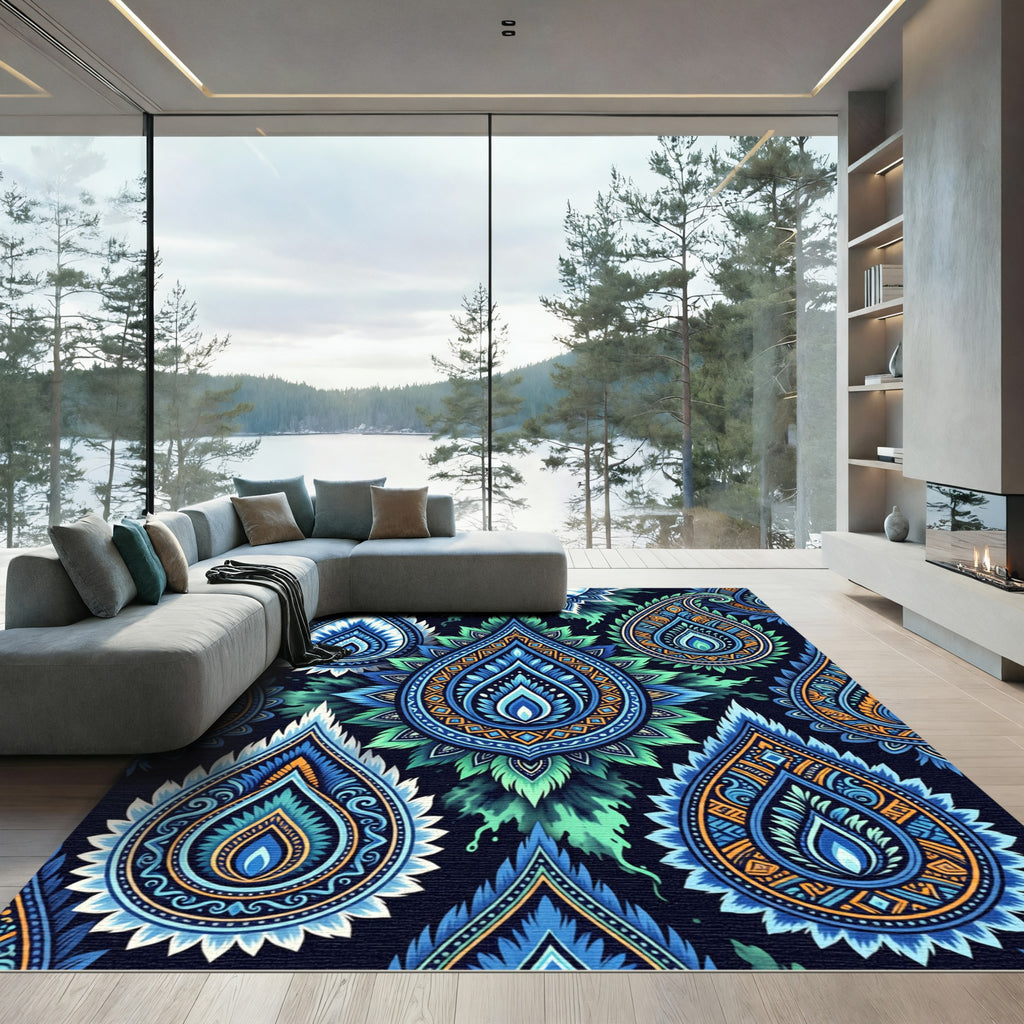 Vibrant Blue Emerald Paisley Burst Rug