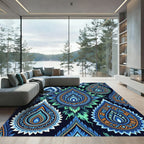 Vibrant Blue Emerald Paisley Burst Rug