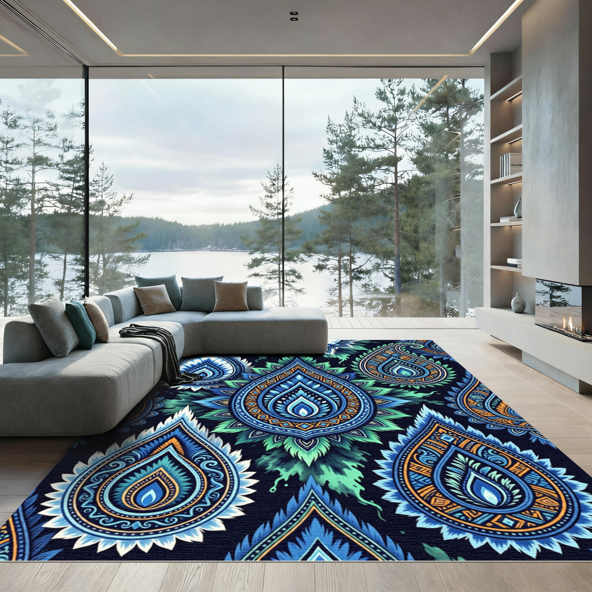 Vibrant Blue Emerald Paisley Burst Rug