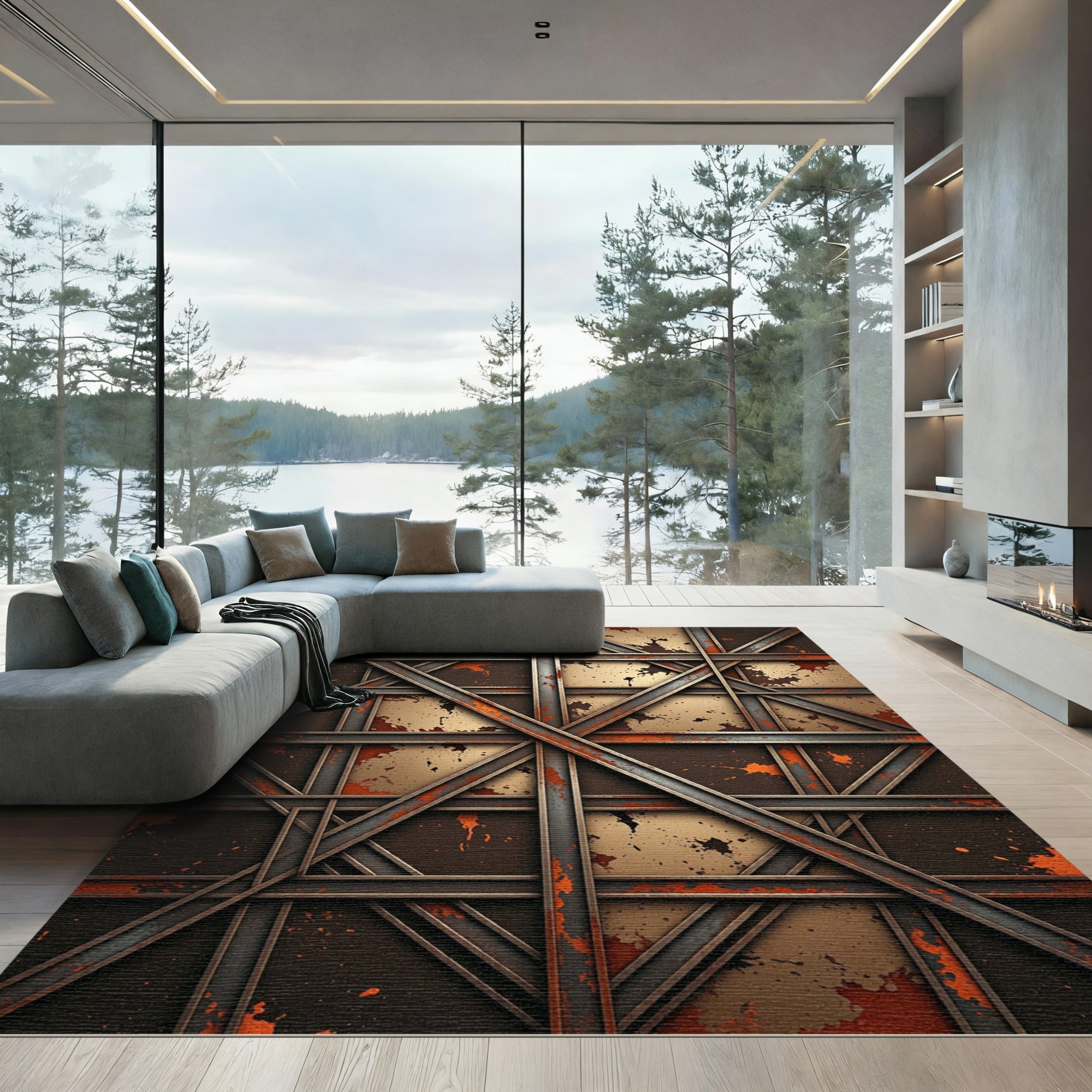 Industrial Bronze Grid Splatter Rug