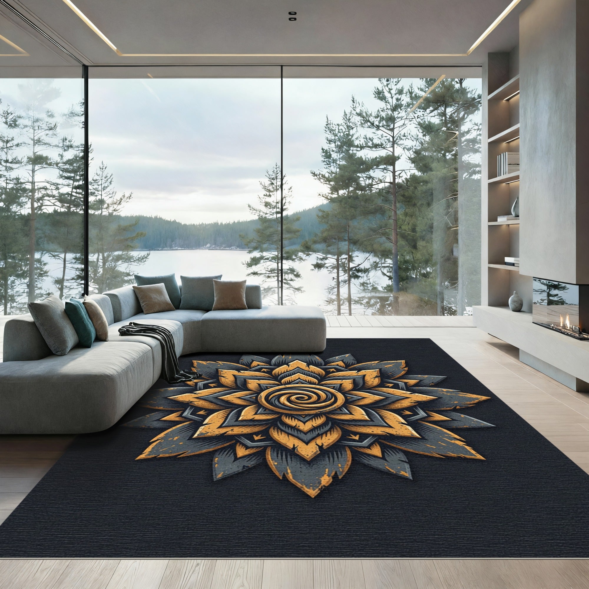 Dark Gold Floral Swirl Mandala Rug