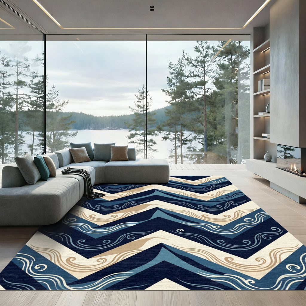 Navy Blue Chevron Swirl Wave Zigzag Rug
