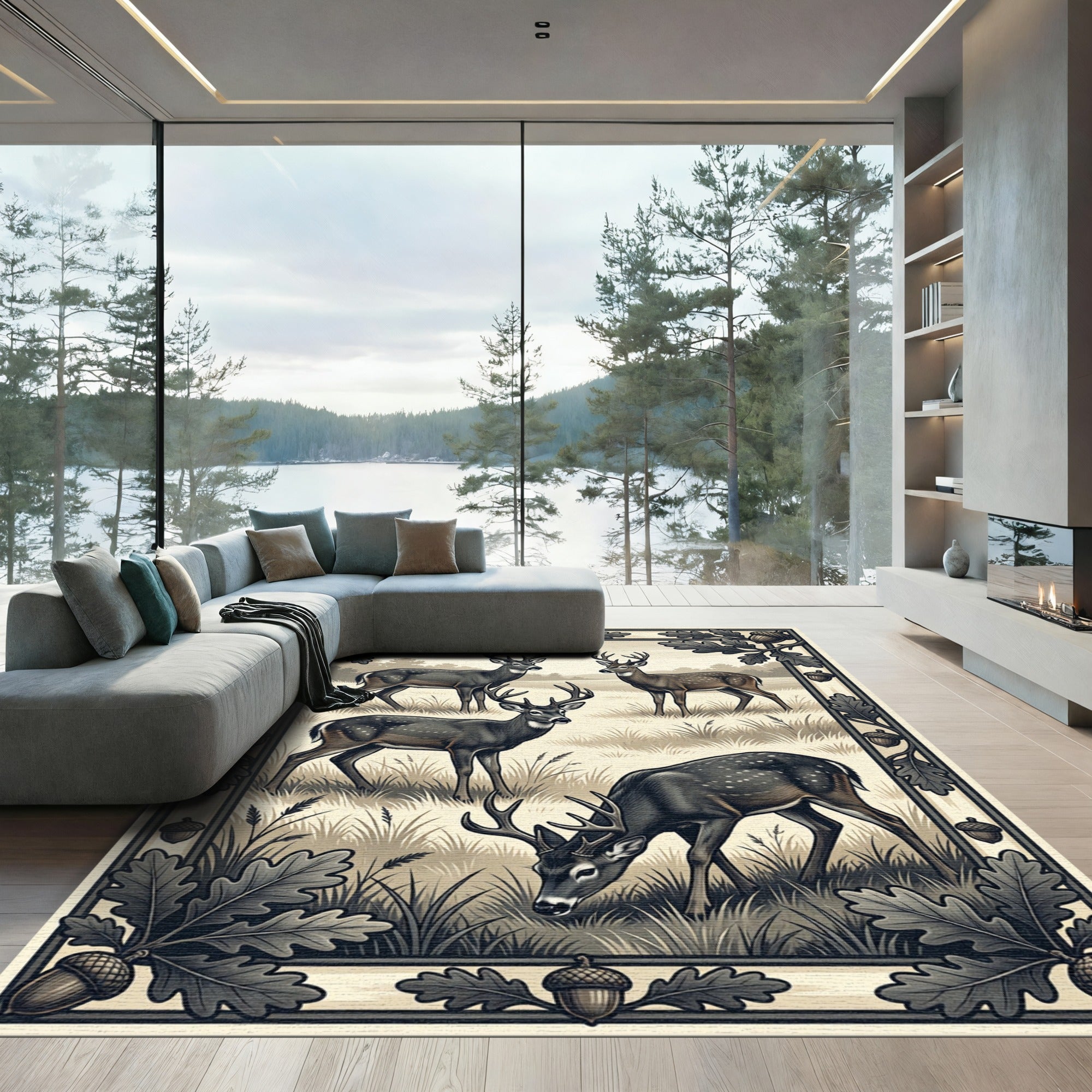 Vintage Forest Deer Oak Woodland Illustration Rug