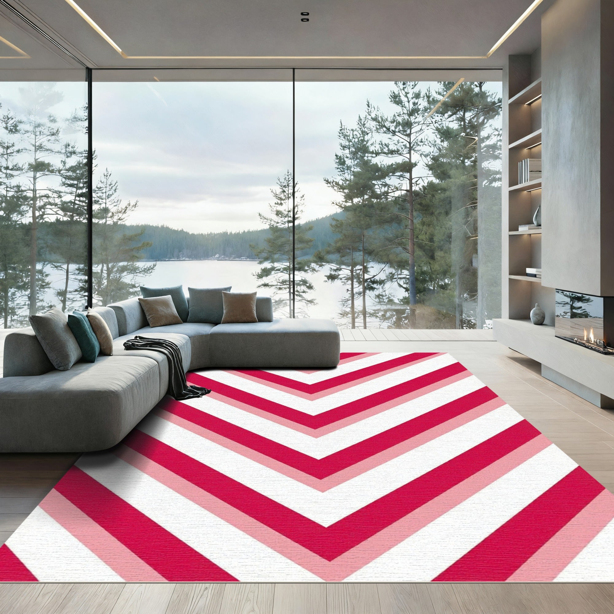 Vibrant Crimson Chevron Striped Geometry Rug