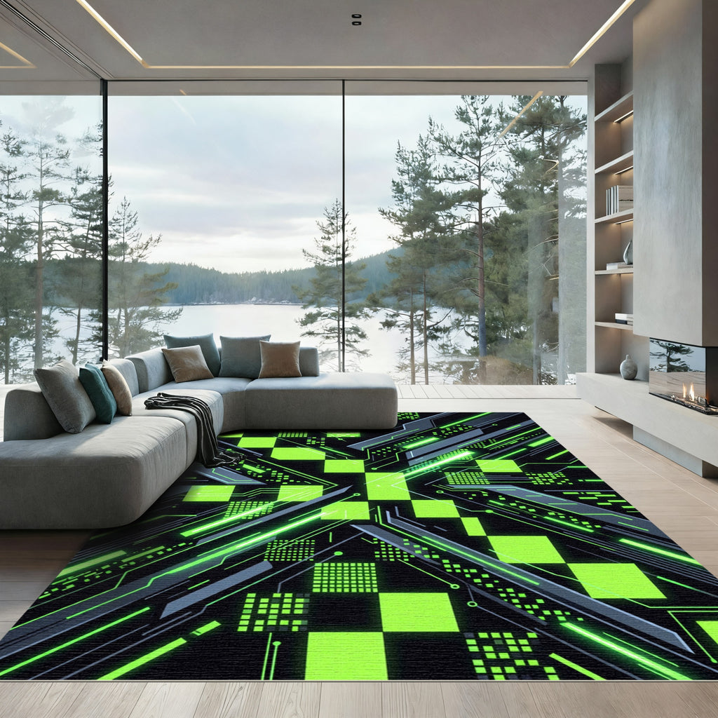 Neon Cyber Grid Digital Square Art Rug