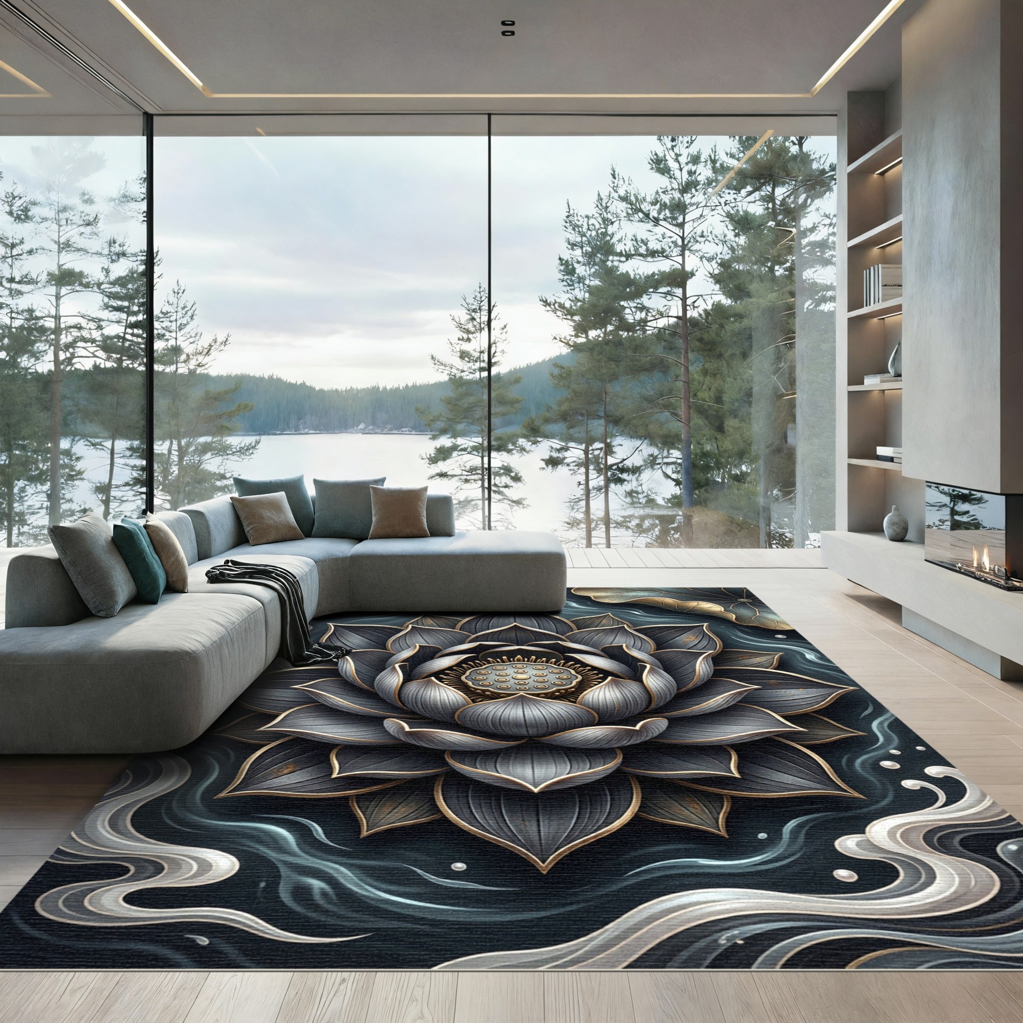 Elegant Dark Lotus Gold Petal Floral Rug