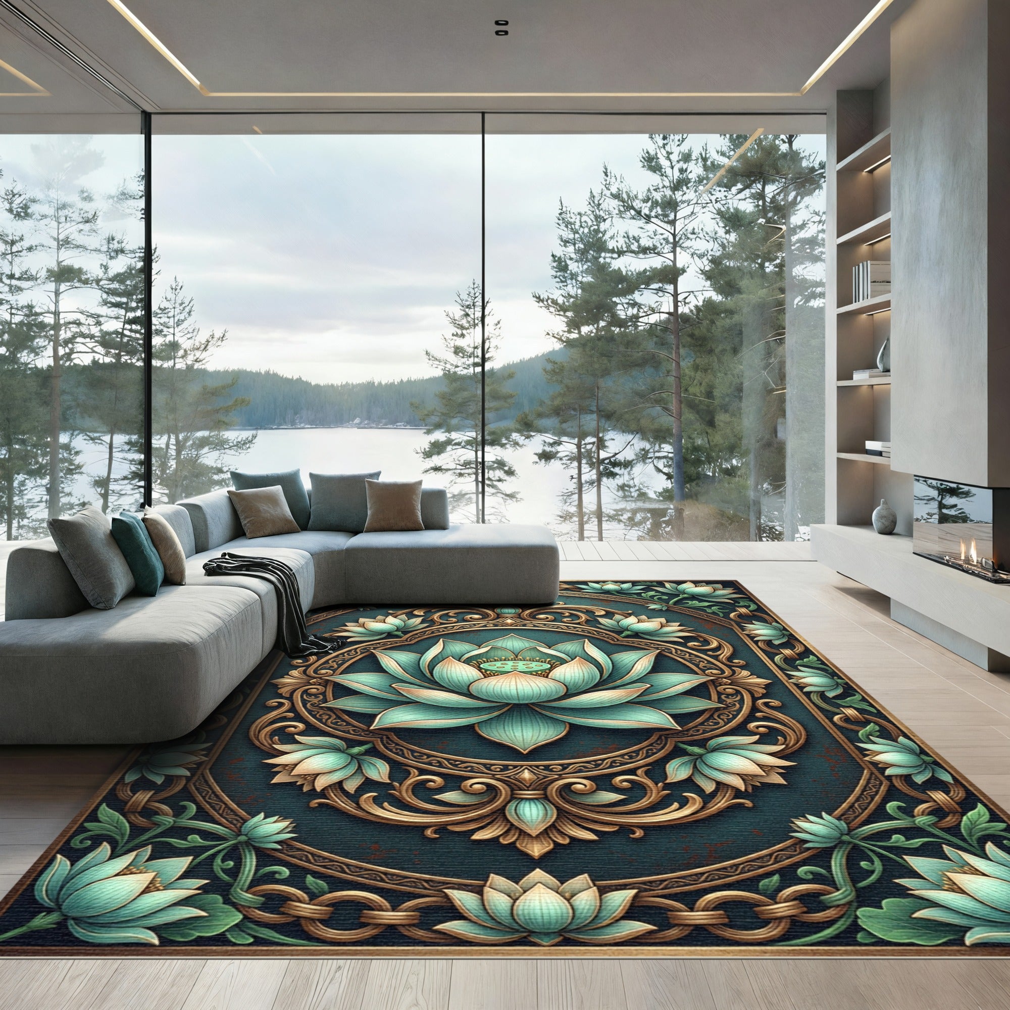 Ornate Teal Lotus Gold Medallion Rug