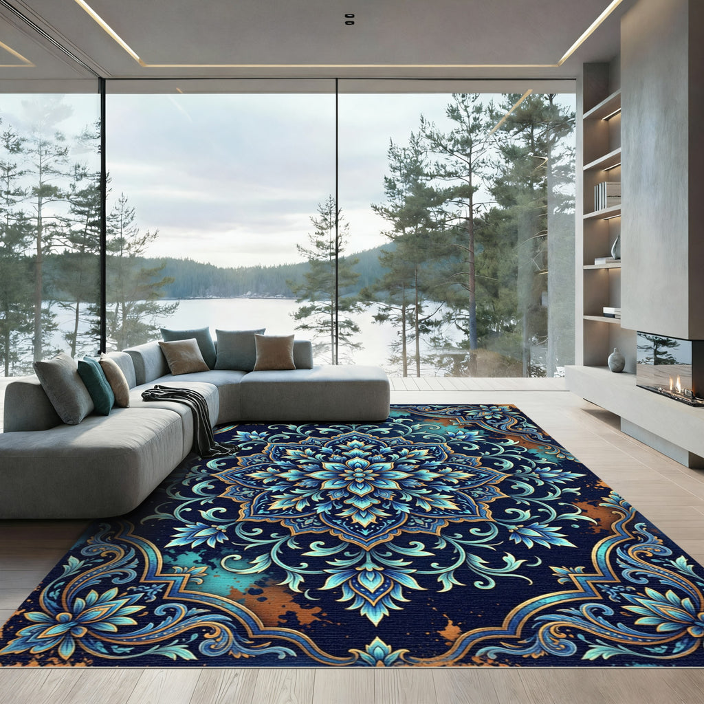 Ornate Sapphire Floral Damask Area Rug