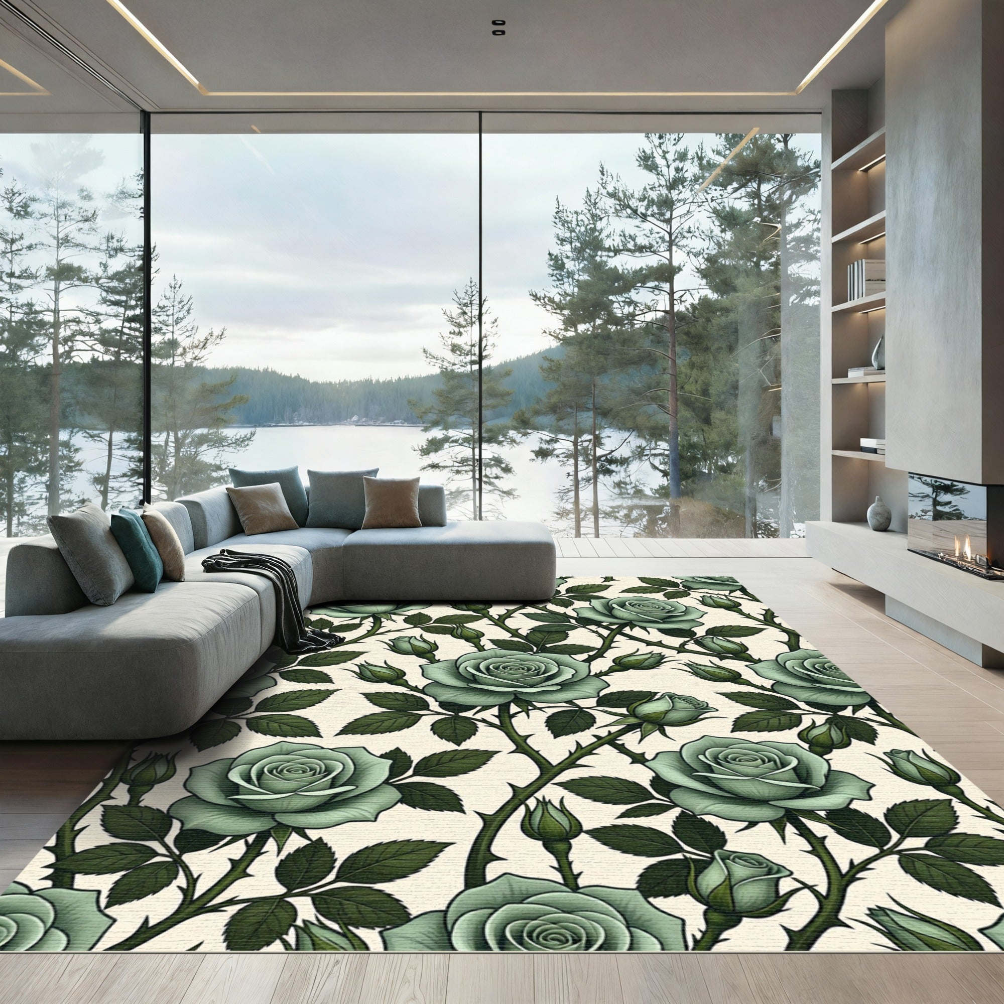 Elegant Sage Green Goth Rose Garden Rug