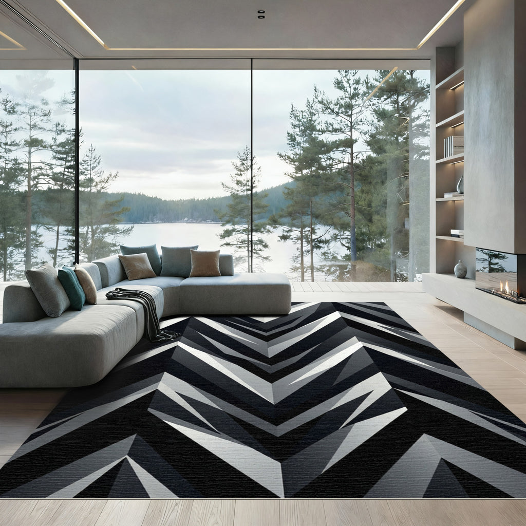 Monochrome Geometric Chevron Layers Rug