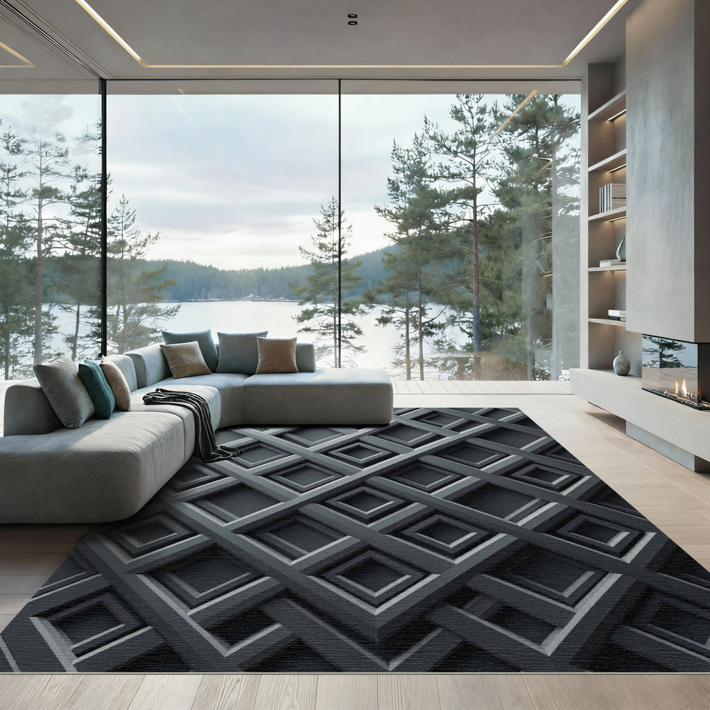 Sophisticated Charcoal Geometric Grid Rug