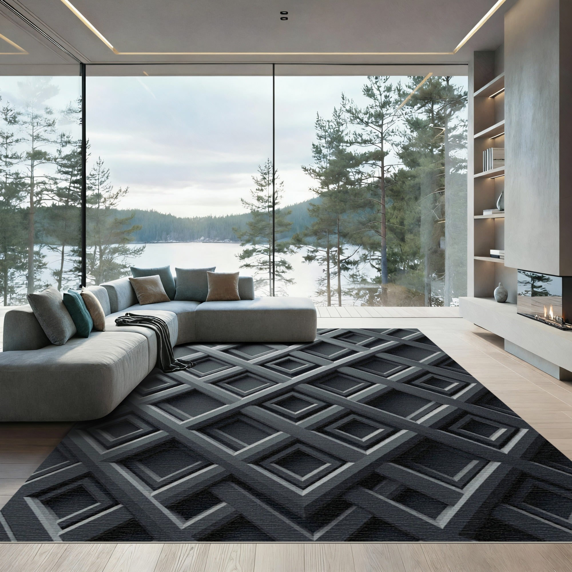 Sophisticated Charcoal Geometric Grid Rug
