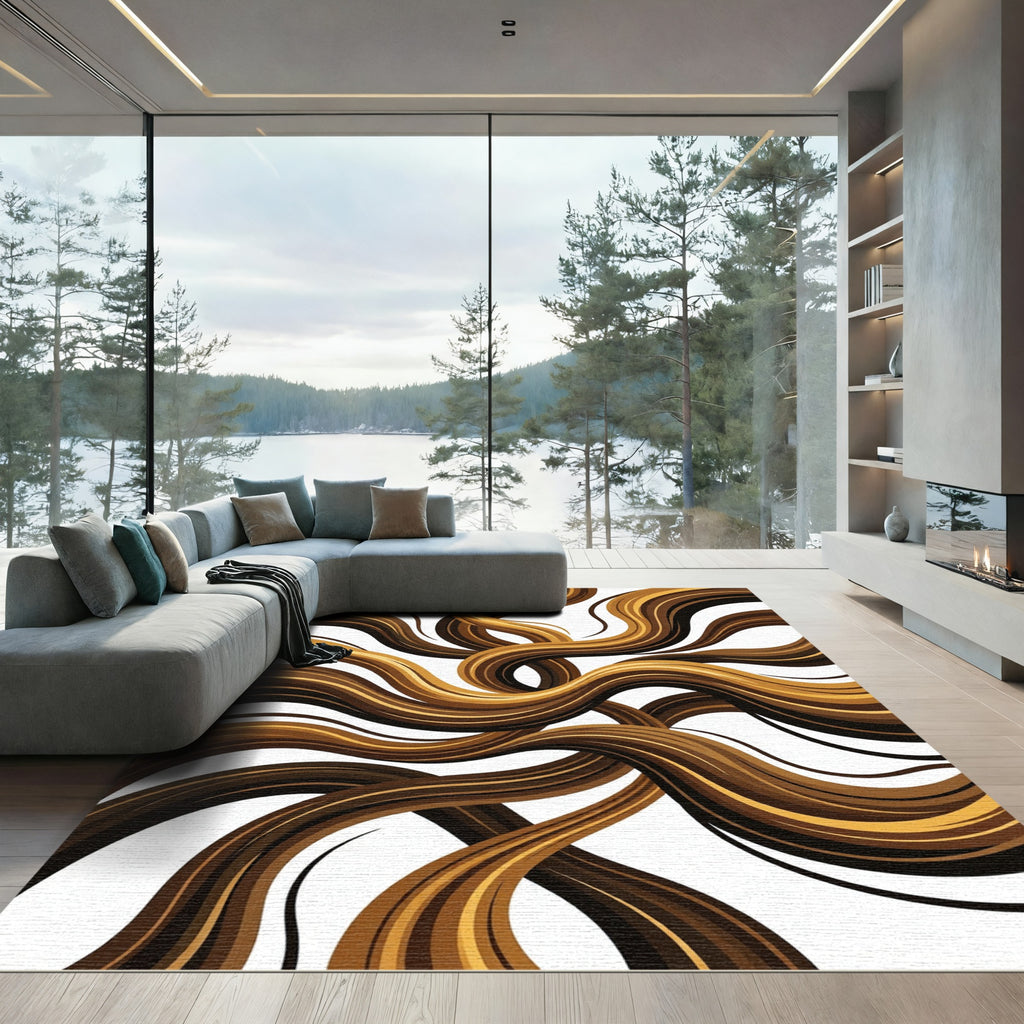 Dark Brown Golden Swirling Strands Rug