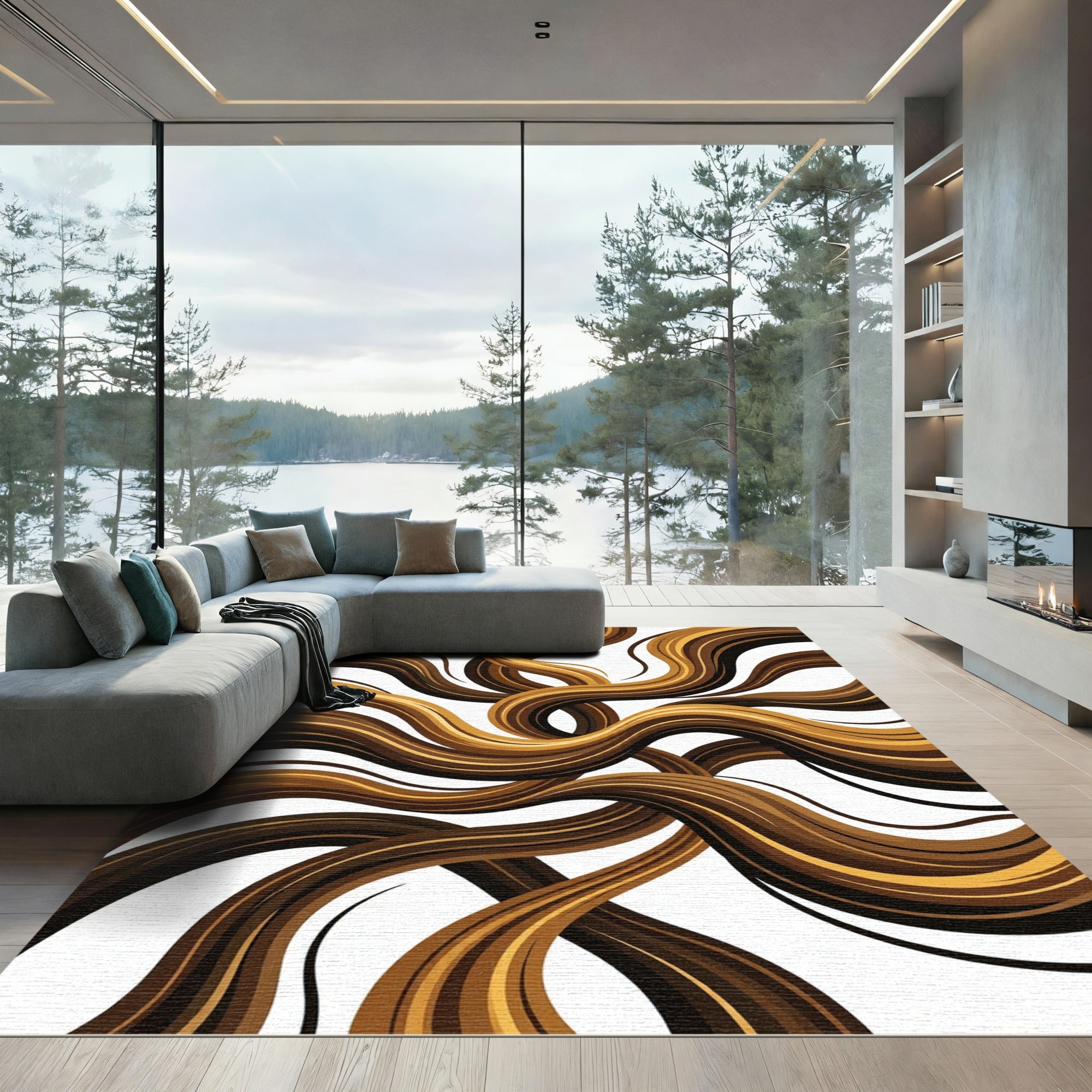 Dark Brown Golden Swirling Strands Rug