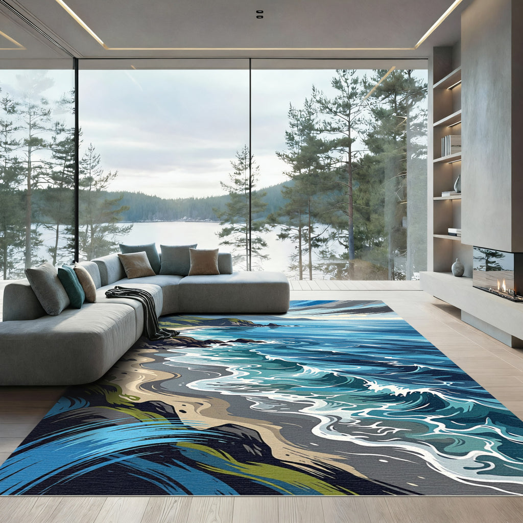 Coastal Blue Ocean Wave Landscape Rug