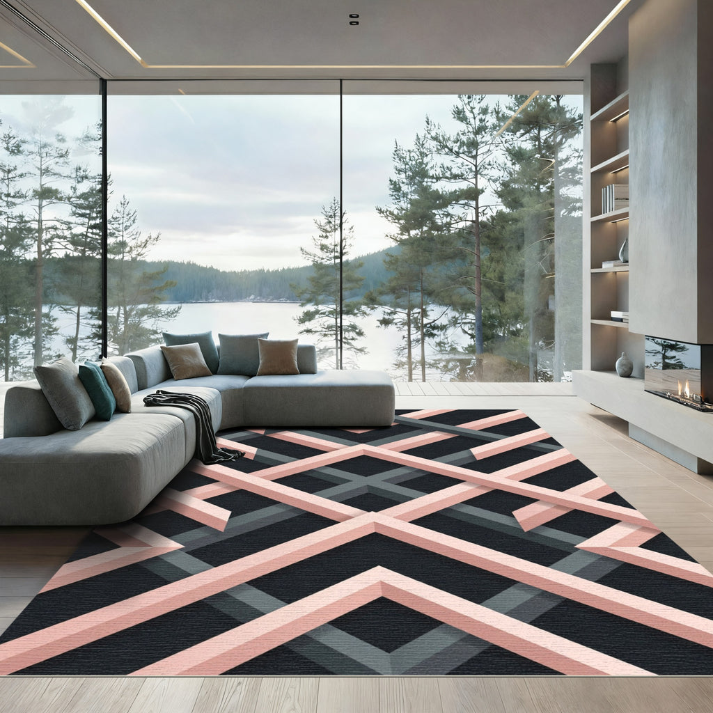 Blush and Charcoal Geometric Interlocking Lattice Rug