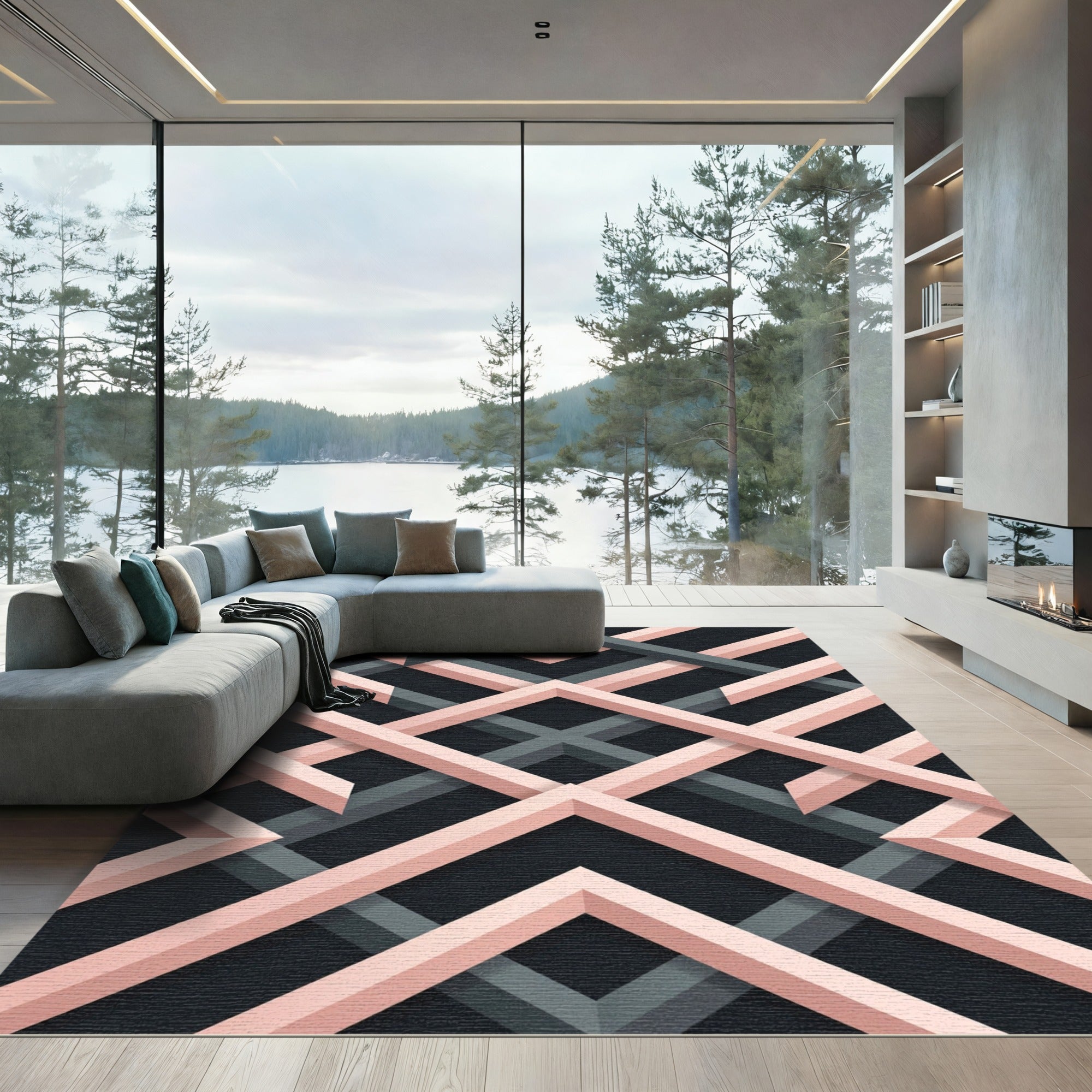 Blush and Charcoal Geometric Interlocking Lattice Rug
