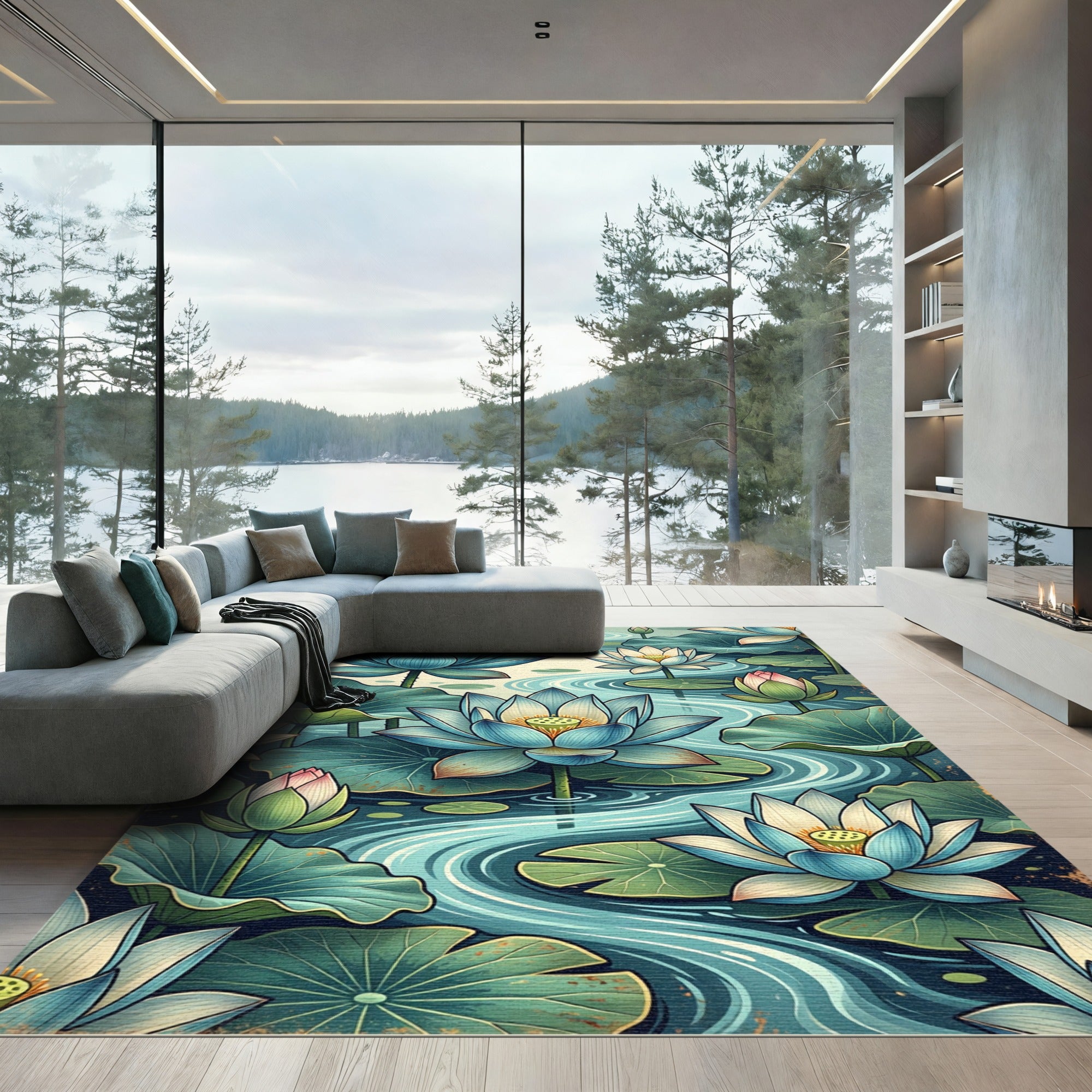 Serene Blue Lotus Water Garden Rug