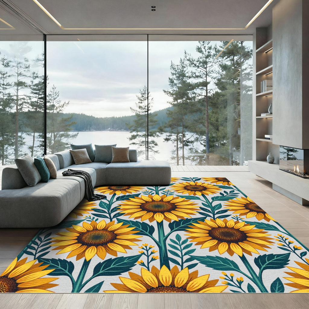 Sunlit Yellow Sunflower Botanical Illustration Rug