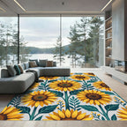 Sunlit Yellow Sunflower Botanical Illustration Rug