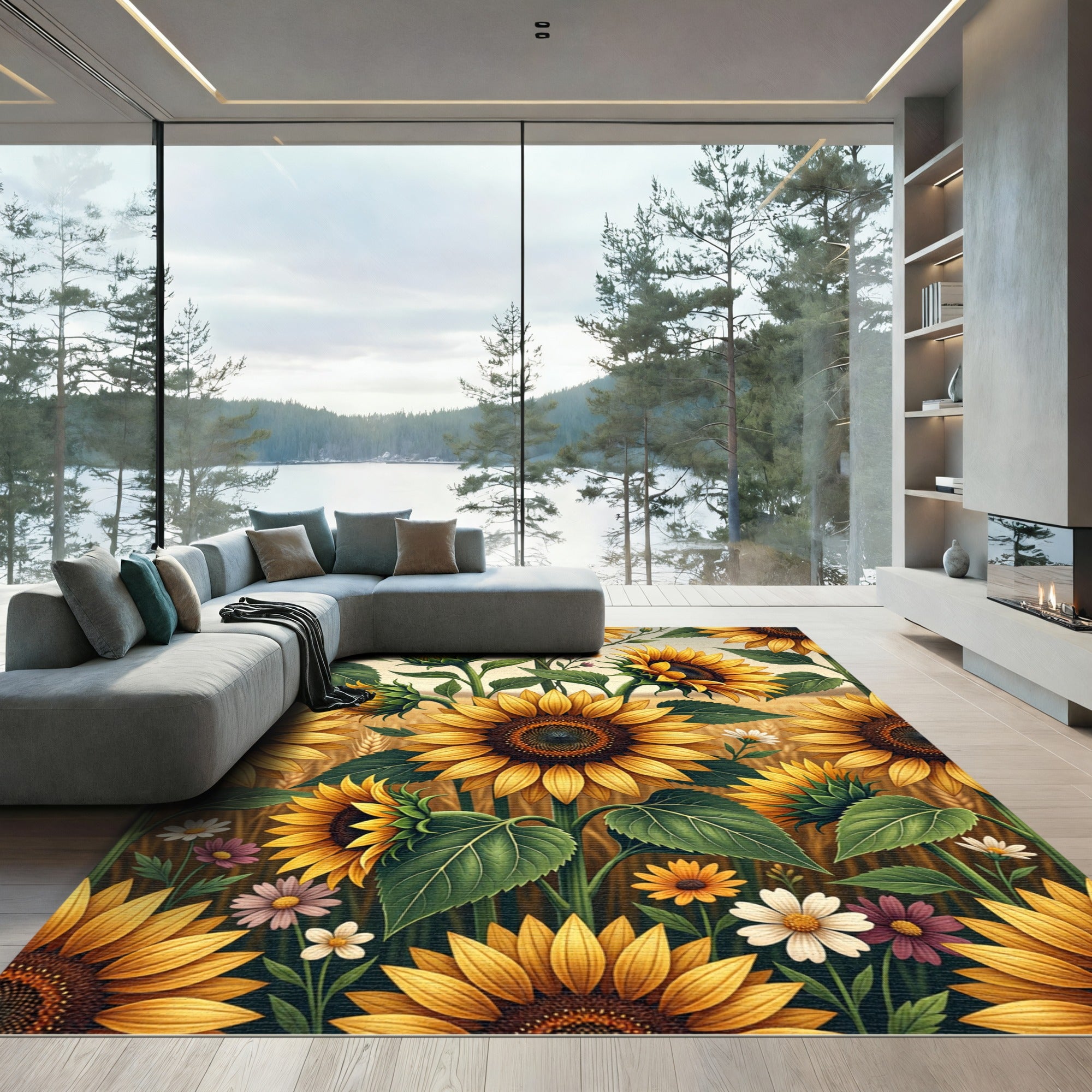Golden Sunflower Field Floral Meadow Rug