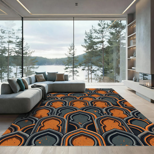 Arched Slate and Burnt Orange Geometric Rug