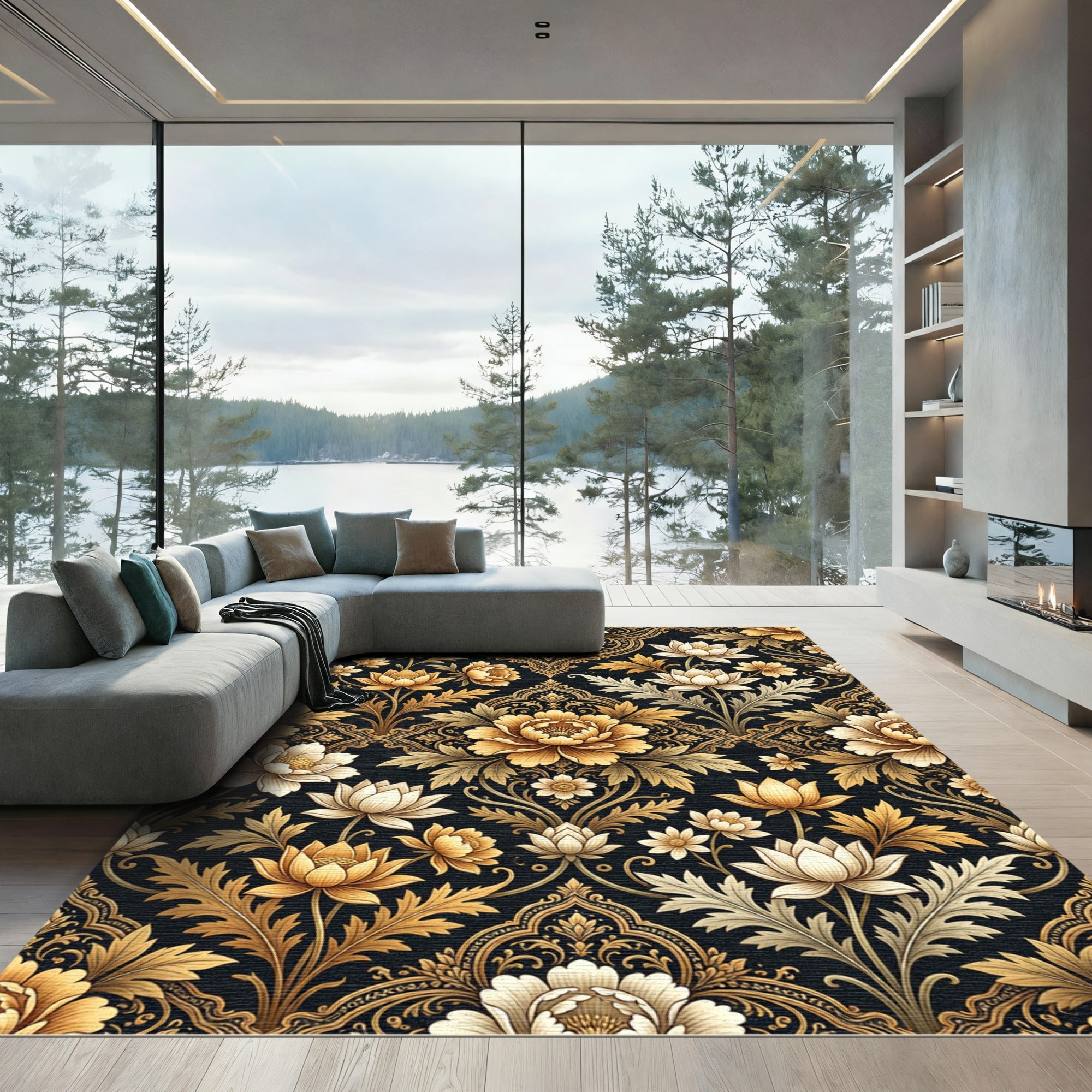 Elegant Gold Floral Damask Botanical Art Rug
