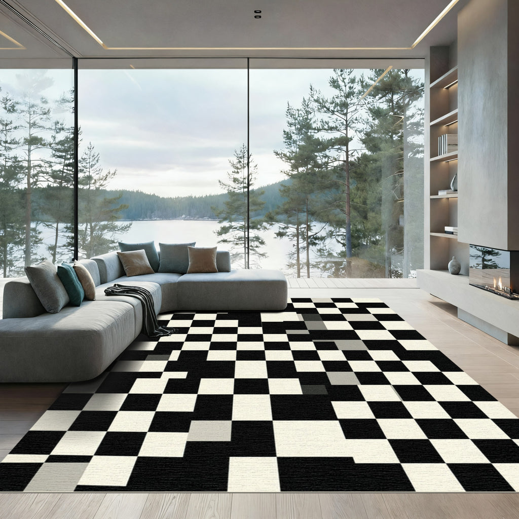Checkerboard Black Cream Squares Rug