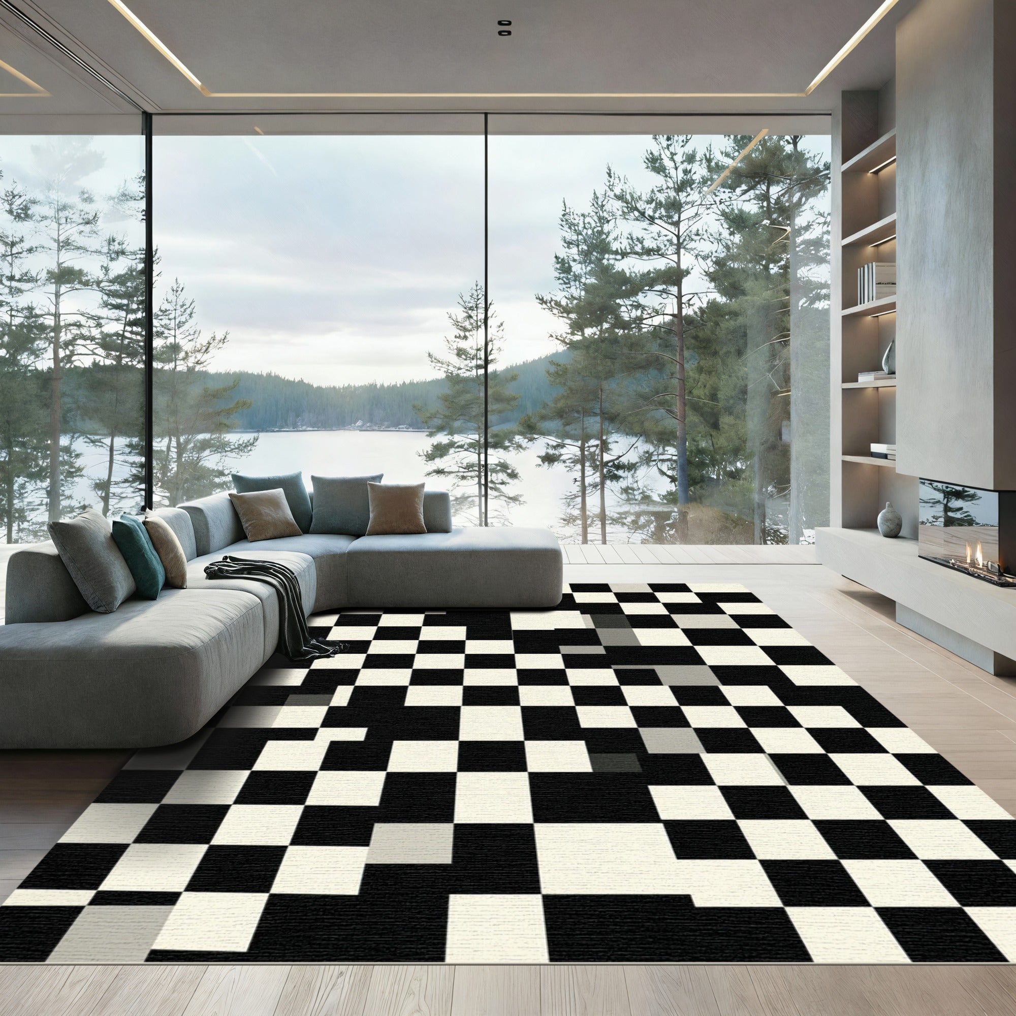Checkerboard Black Cream Squares Rug