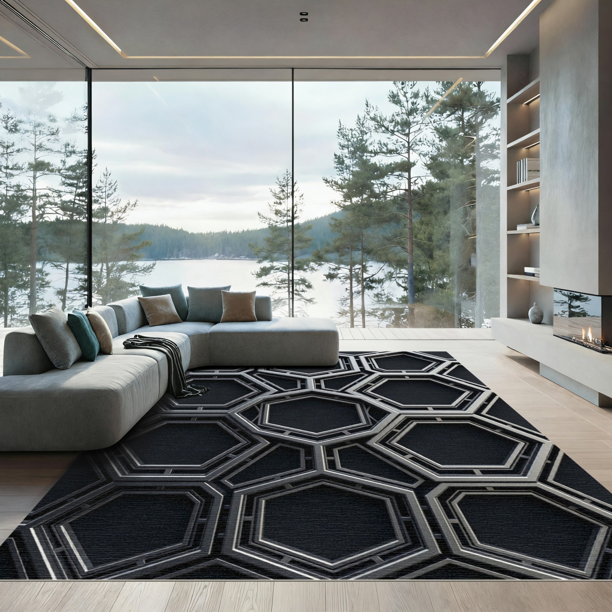 Modern Metallic Black Silver Hexagonal Geometry Rug