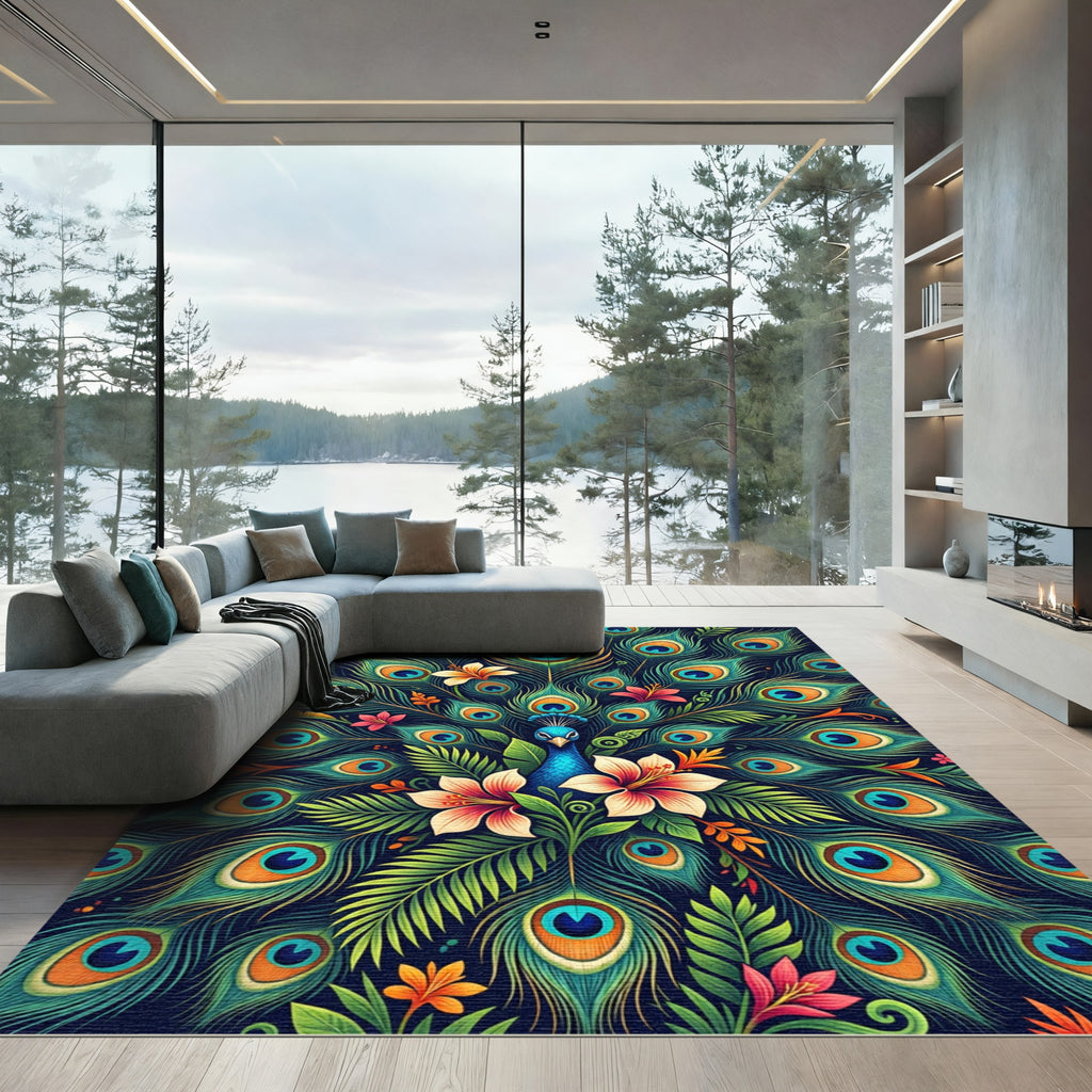 Vibrant Peacock Feathers and Tropical Blooms Rug