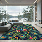 Vibrant Peacock Feathers and Tropical Blooms Rug